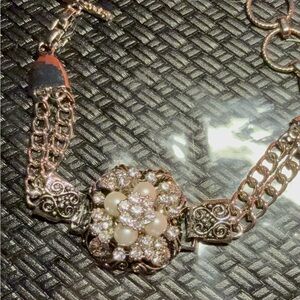 Floral Pearl & Crystal Statement Bracelet - Silver stainless steel